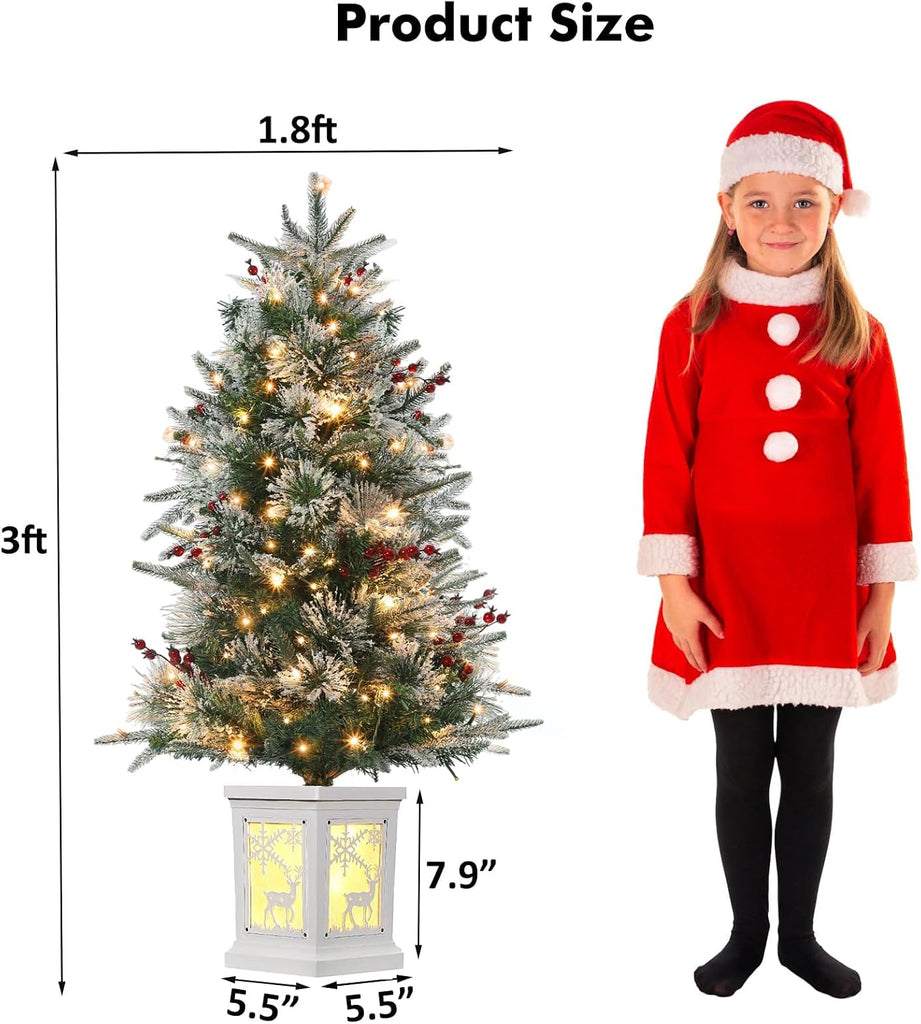 Pre-Lit Artificial Mini Christmas Tree, 3FT Small Flocked Christmas Tree