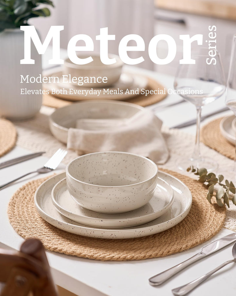 Meteor 12-Piece Stoneware Dinnerware Set, Creamy White