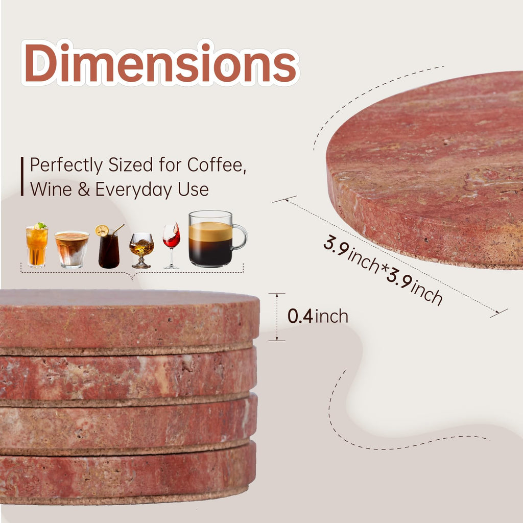 Red Travertine Coasters Set of 4, 10cm Diameter Natural Stone Coasters with Non-Slip Cork Backing, for Coffee Table