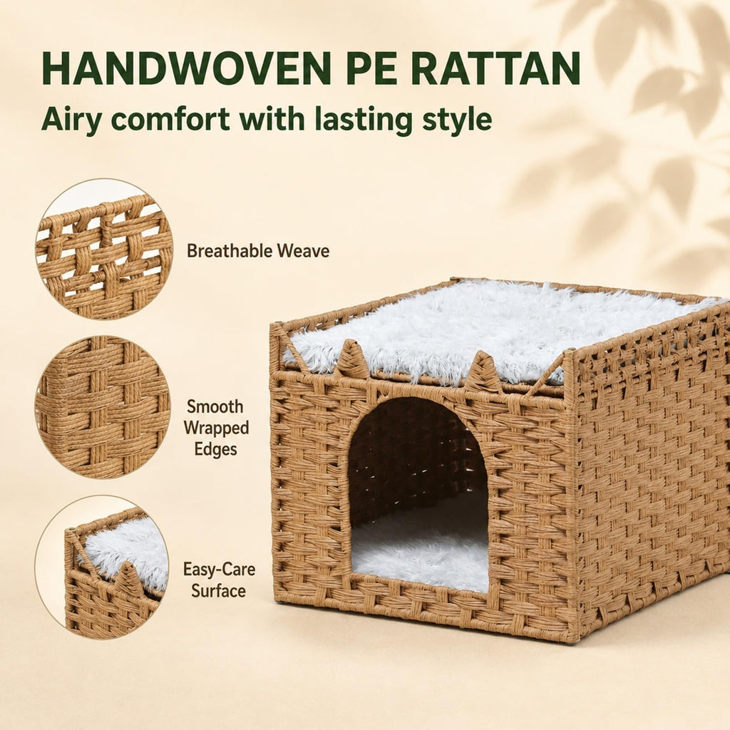 Handwoven PE Rattan Cat Bed with Ears, 2-Level Indoor Cat Cave House with 2 Removable Cushions, Foldable Hideaway