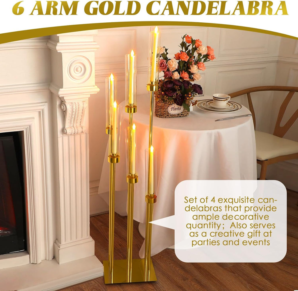 4 Pcs 6 Arm Wedding Gold Candelabra Table Centerpiece 46.5" Floor Candle Holder Metal Tall Candlestick Acrylic