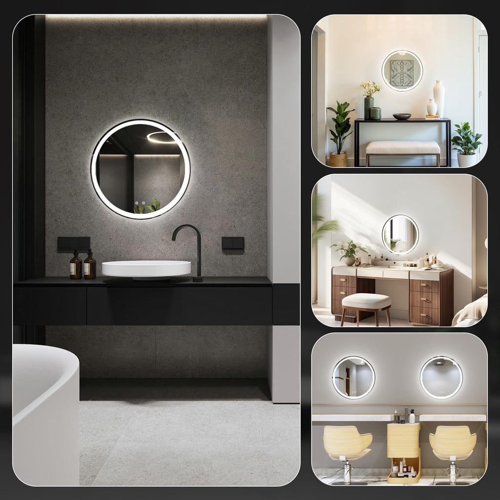 24 Inch Round LED Bathroom Mirror with Lights, Circle Vanity Mirror