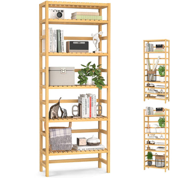 6-Tier Bamboo Shelf, 63" Tall Adjustable Bookshelves and Bookcases