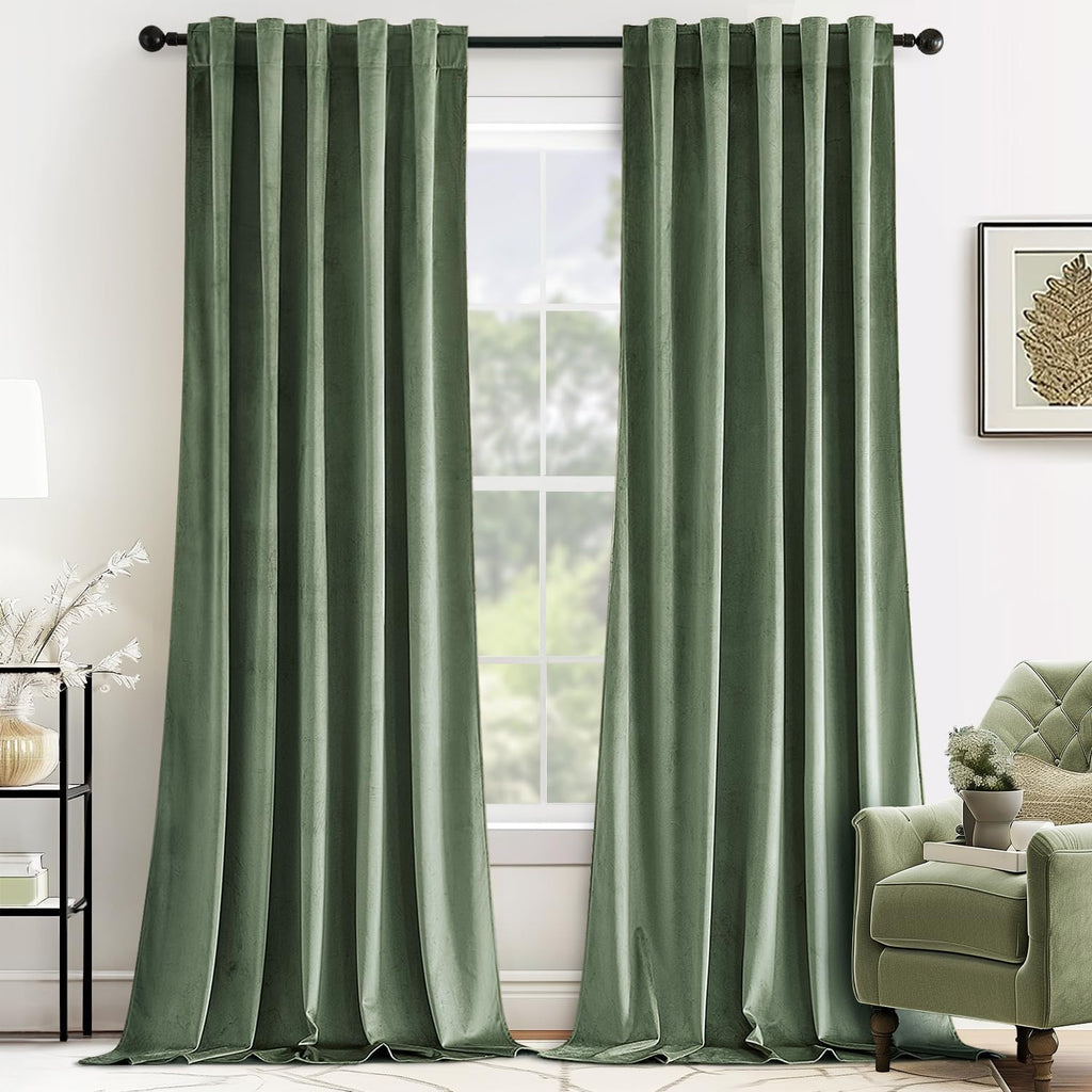 Sage Green Velvet Curtains 96 inches Long - Luxury Blackout Curtains for Bedroom Living Room Thermal Insulated Super