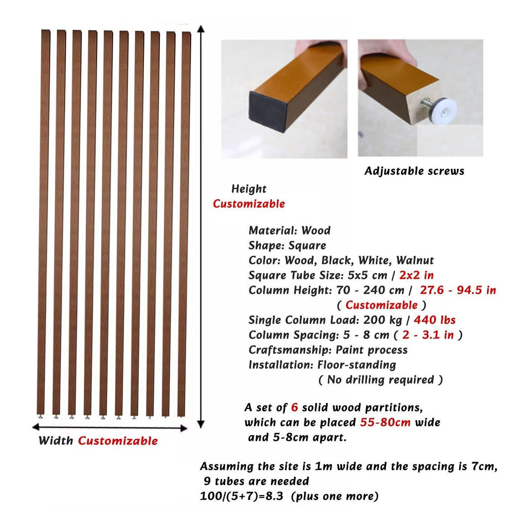 Wood Slat Room Divider for Room Separation, Freestanding Floor to Ceiling Wall Partition, Adjustable Foot Privacy