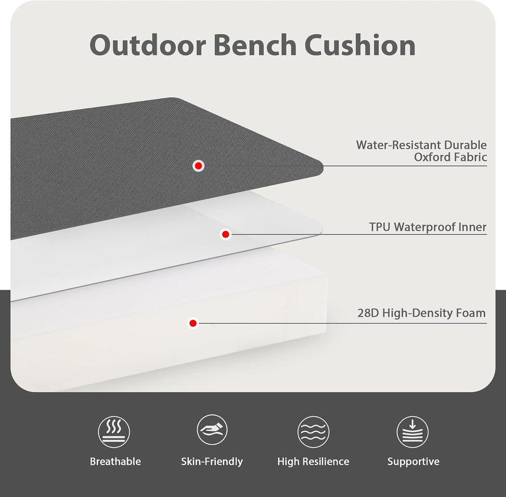 Outdoor Bench Cushion, 48 x 18 Inch, Dark Gray | Waterproof Patio Furniture Cushions, 3-Year Color Fastness Garden