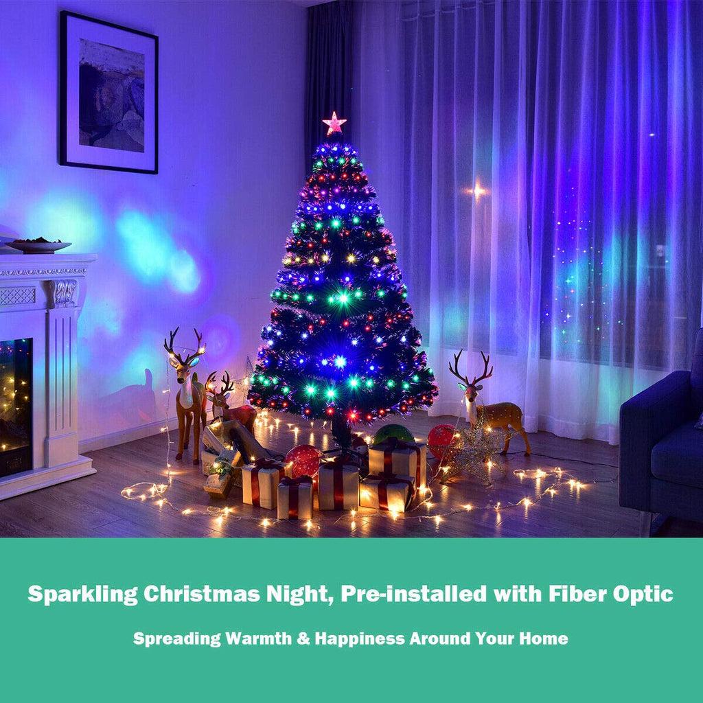 5ft Fiber Optic Artificial Christmas Tree, Pre-Lit Xmas Tree with Colorful LED Lights, 8 Lighting Modes, 180 Branch
