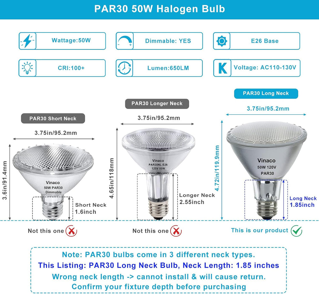 PAR30 Long Neck Halogen Bulb 50W 120V E26 Base 3000K Warm White