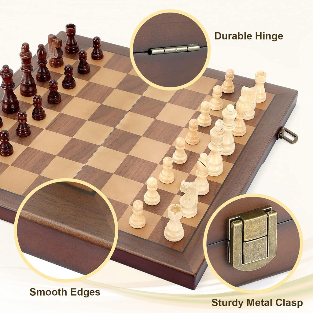 Magnetic Wooden Chess Set for Adults Kids 15'' Chess Board with Handmade Pieces, Folding Portable Travel Unique Chess
