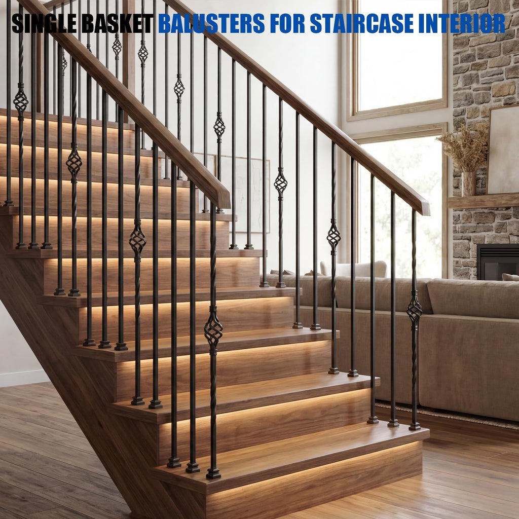 10 Pack 44" Iron Single Basket Balusters for Staircase Interior, 1/2" Hollow Stair Balusters, Matte Black Metal