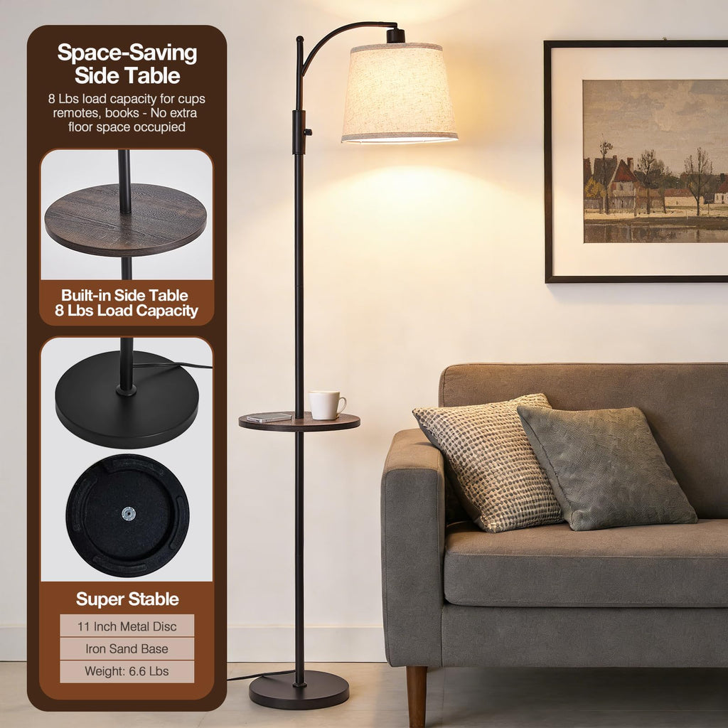 Black Floor Lamp with Table, Dimmable Standing Lamp, Living Room