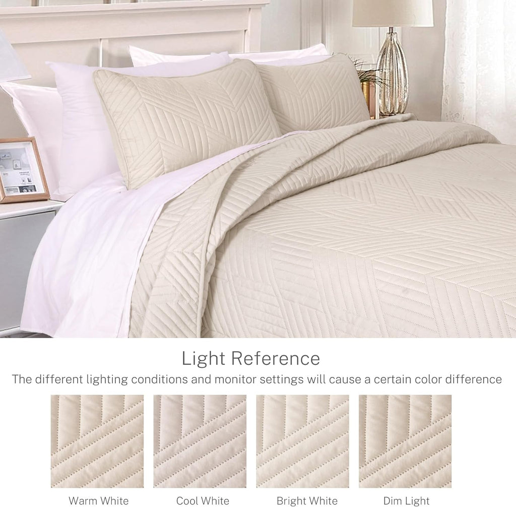 Ultrasonic King Quilt Bedding Set, Lightweight Brich Beige Bedspreads Soft Modern Geometric Coverlet Set for All