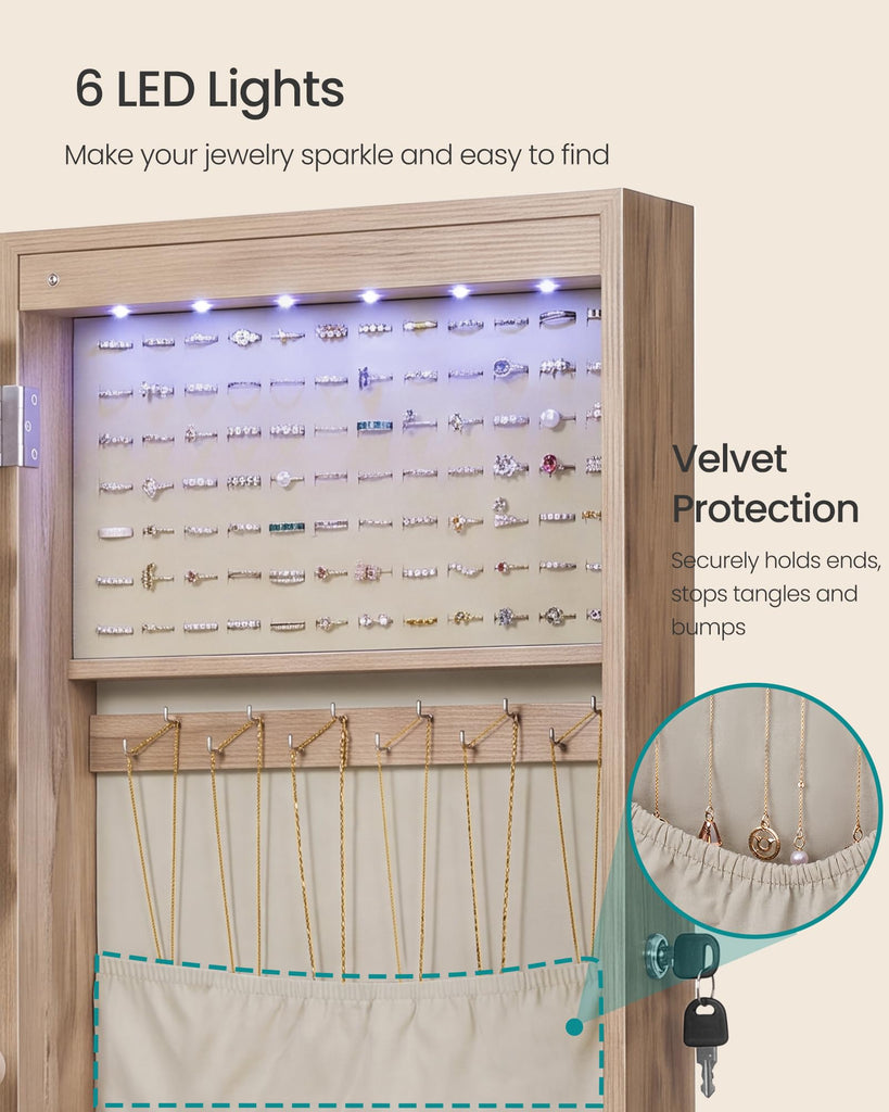 Jewelry Cabinet, Wall or Door Mounted Armoire, 6 LED Lights