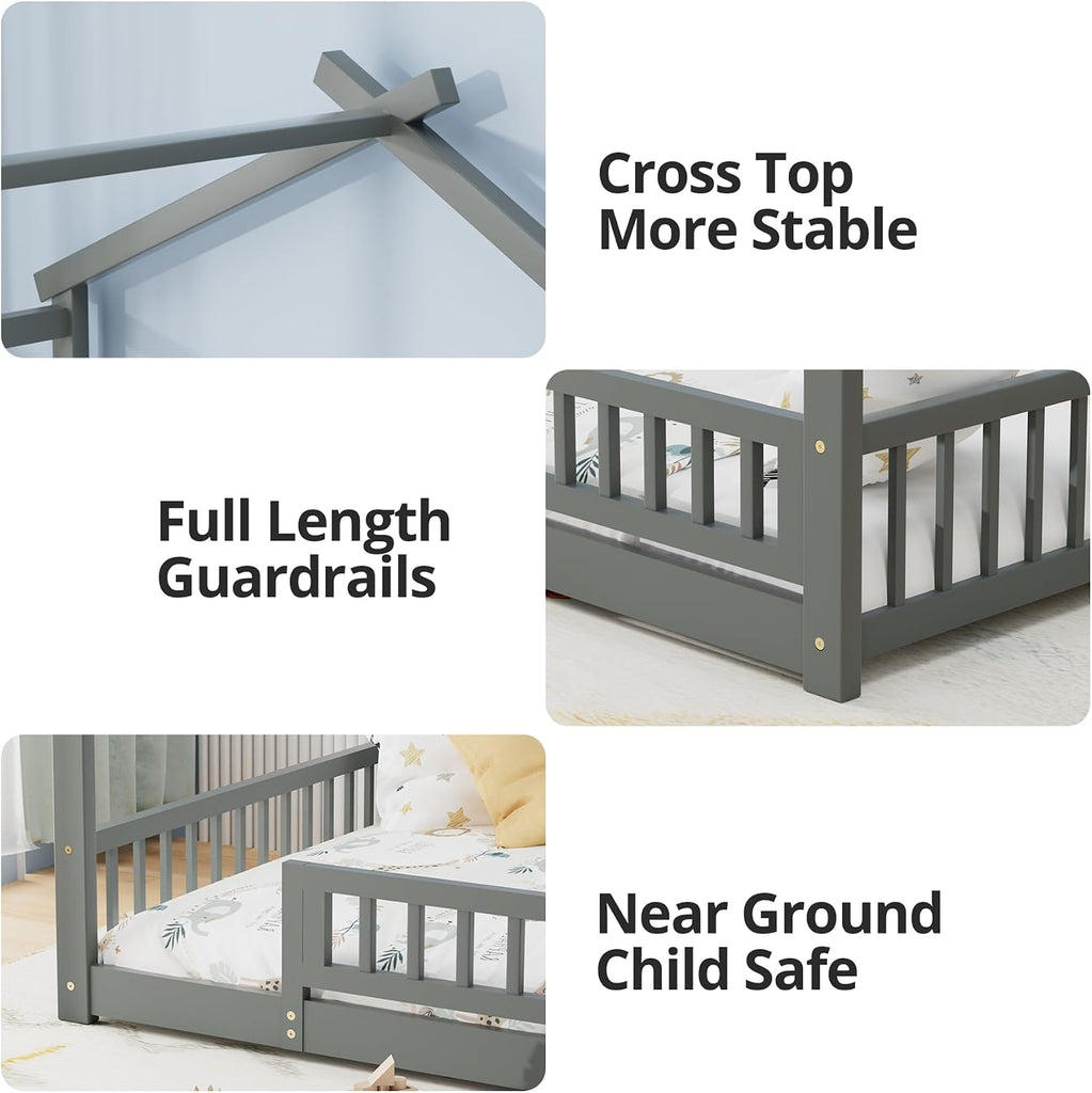 House Bed with Fence, Wooden Montessori Bed with Slats Support, Floor Bed Frame for Boys Girls Bedroom, Gray