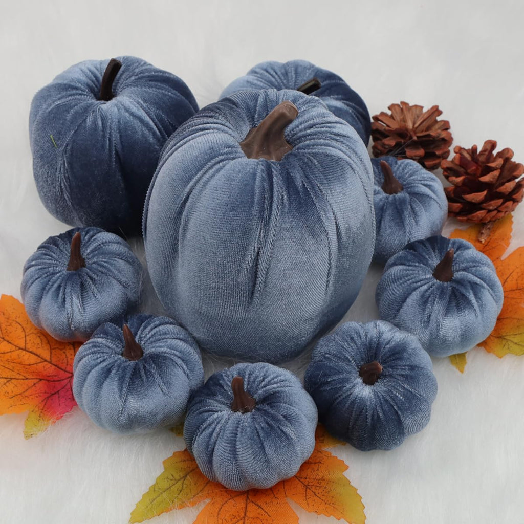 Faux Blue Velvet Pumpkin Artificial Fall Foam Pumpkin Decor 9 Pcs