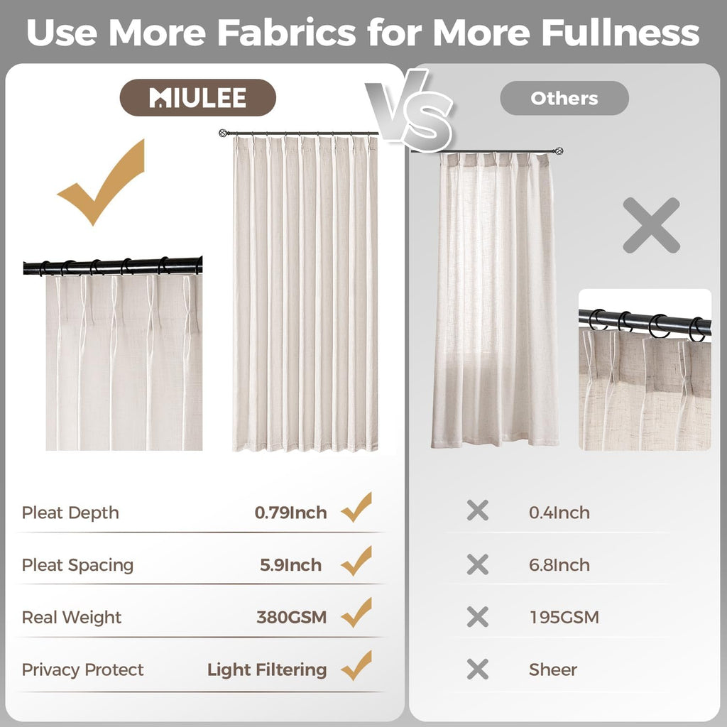 Pinch Pleated Thick Linen Curtains 90 Inches Long 2 Panels for Living Room Bedroom, Memory Trained Pinch Pleat Drapes