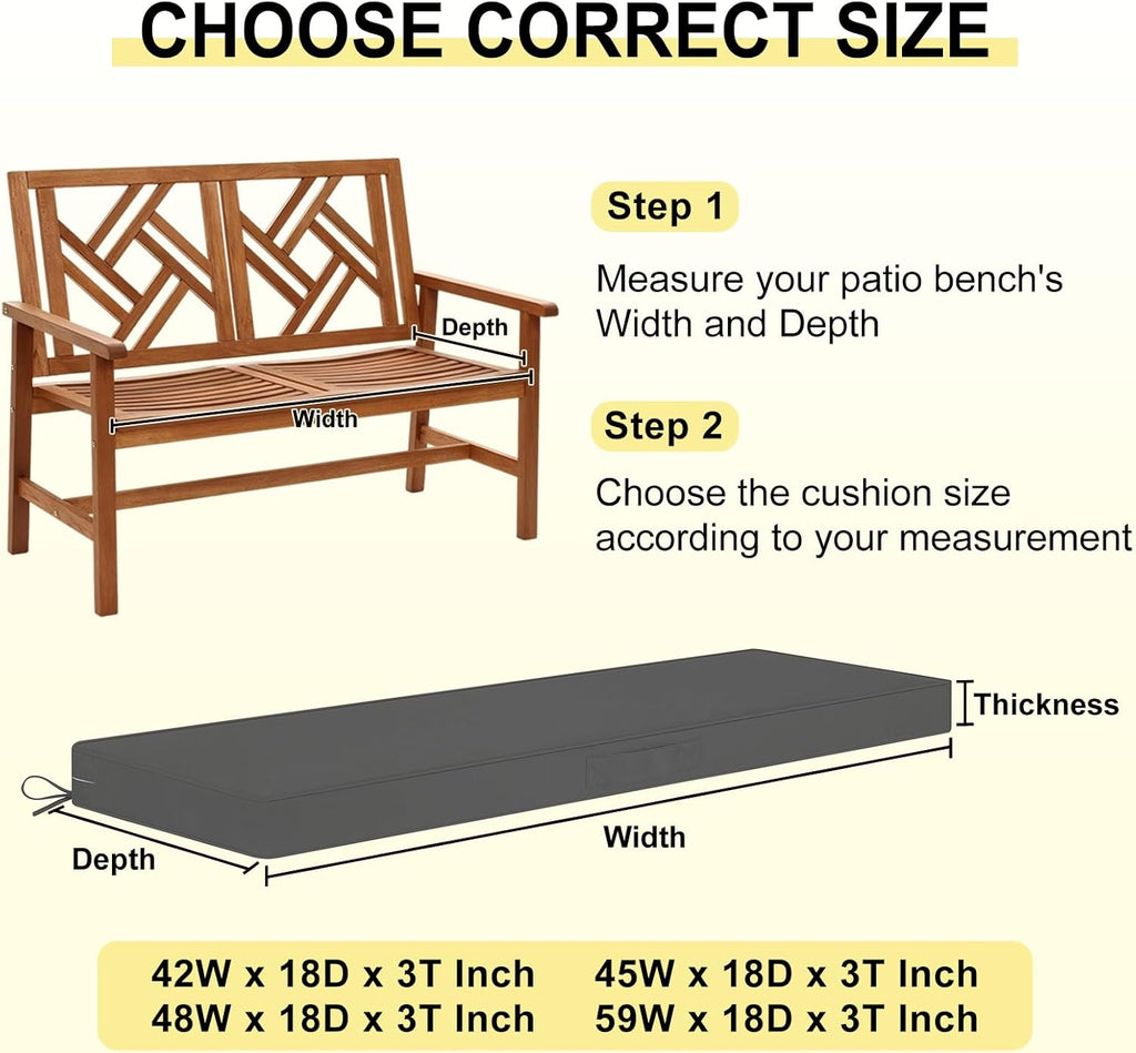 Outdoor Bench Cushion Waterproof, 48 x 18 Inch Patio Furniture Cushions with Adjustable Ties & Portable Handle, Porch