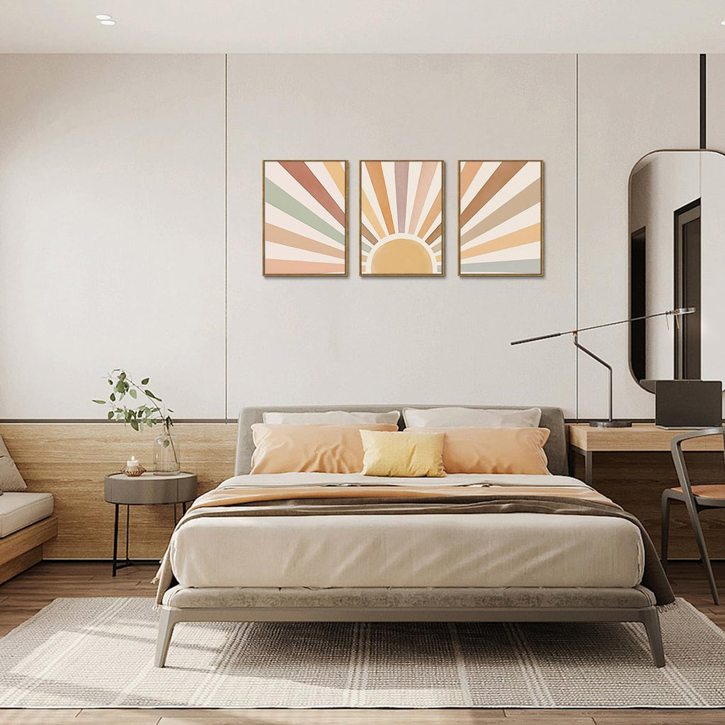 Boho Wall Art, Framed Abstract Wall Art, Sun Rising on the Horizon Neutral Canvas Wall Decor, Mid Century Geometric