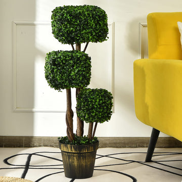 3 Feet Artificial Boxwood Topiary Tree, Decorative Triple Square Shaped Fake Plant, Wooden Rattan, Artificial Leafy