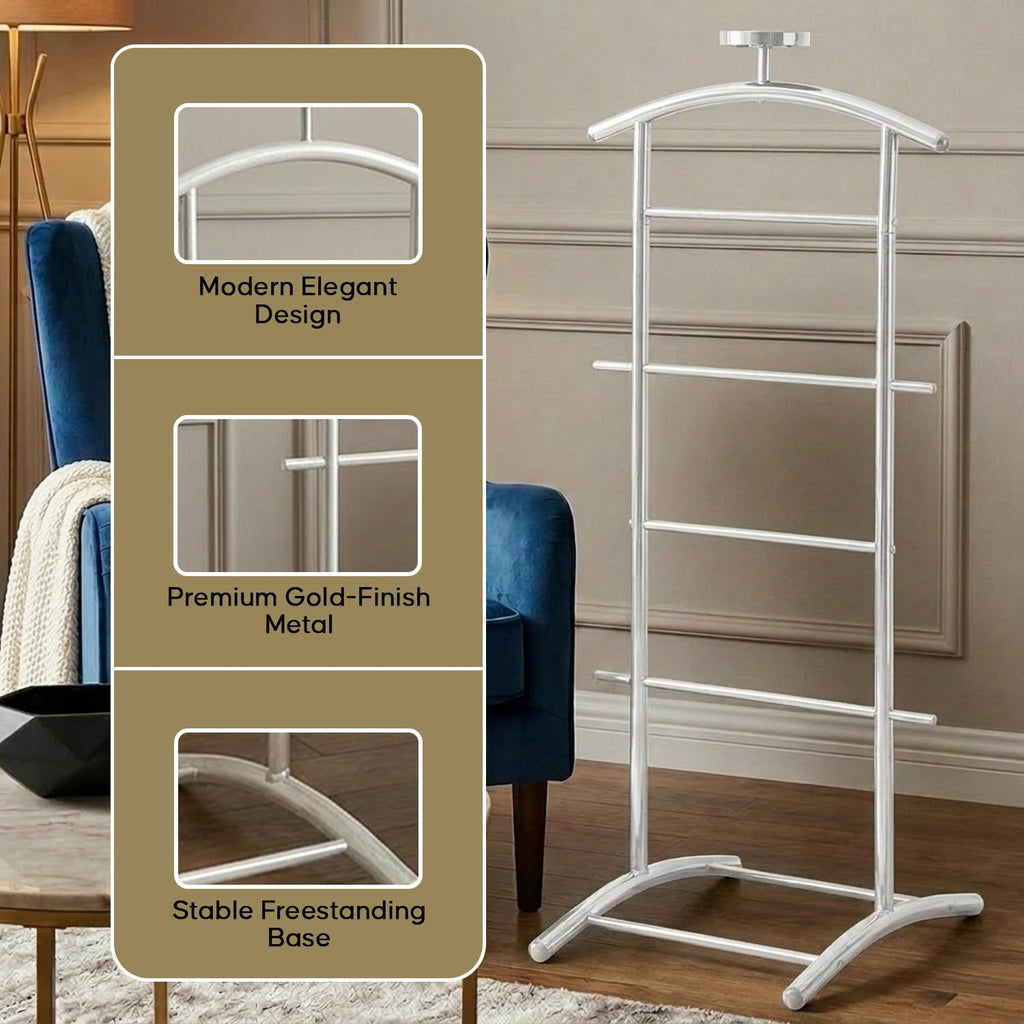 Freestanding Metal Suit Valet Stand with Tie Bar, White