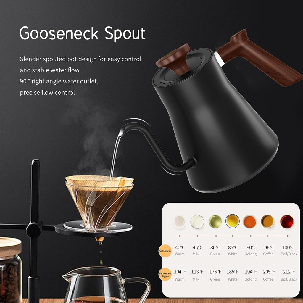 Gooseneck Electric Kettle 0.9L, 1200W Fast Boilling 304 Stainless Steel | LCD Temp Control, Auto Shut-Off Pour Over