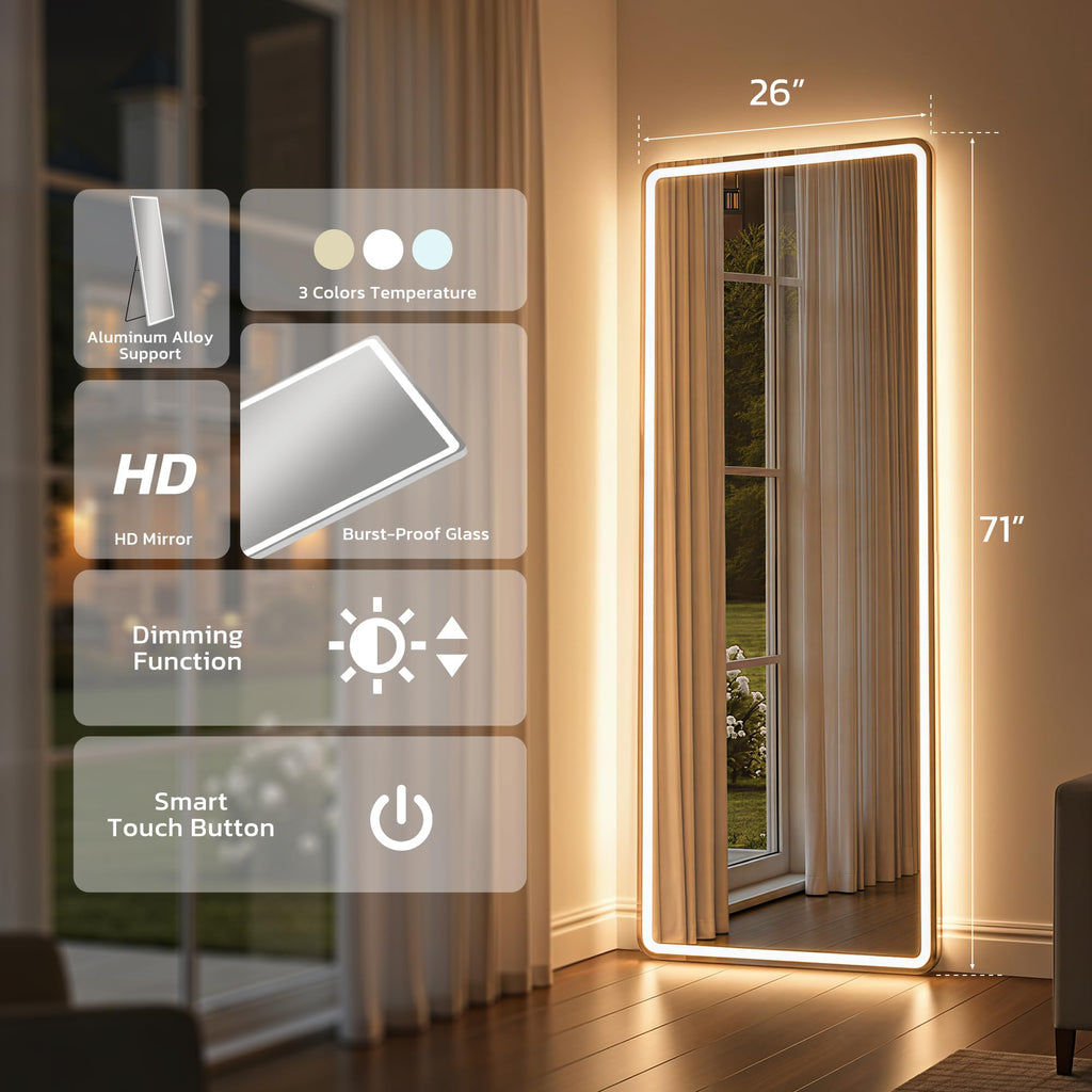 Full Length Mirror with Lights, 71" x 26" LED Floor Mirror, Full Body Dressing Standing Mirrors with Dimming & 3