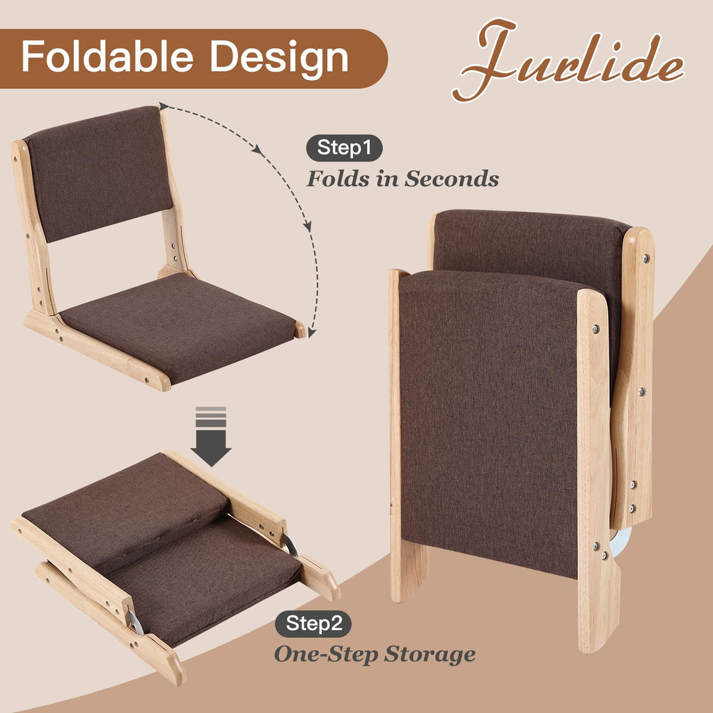 Foldable Floor Chair with Back Support, Wood Brown, No Assembly