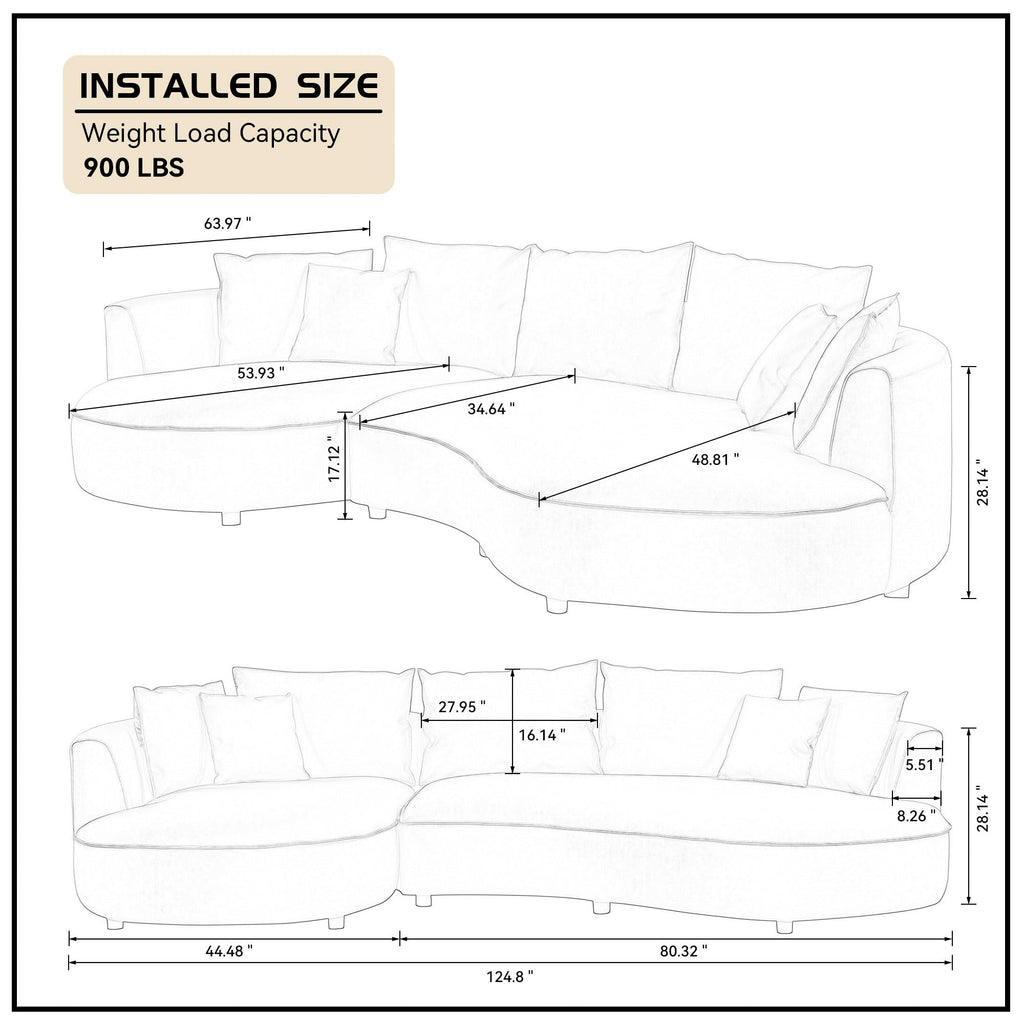 124.8" Modern Curved Sofa Couch, Upholstery Luxury Sofa with Pillows, Left Hand Facing 5 Seater Sectional Curved