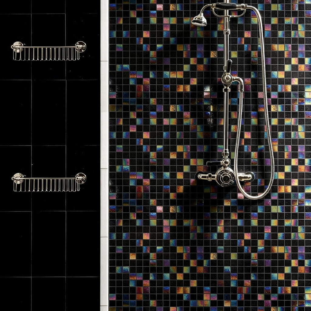 11.5 sq.ft Iridescent Black Glass Mosaic Tile for Bath, Pool, Backsplash