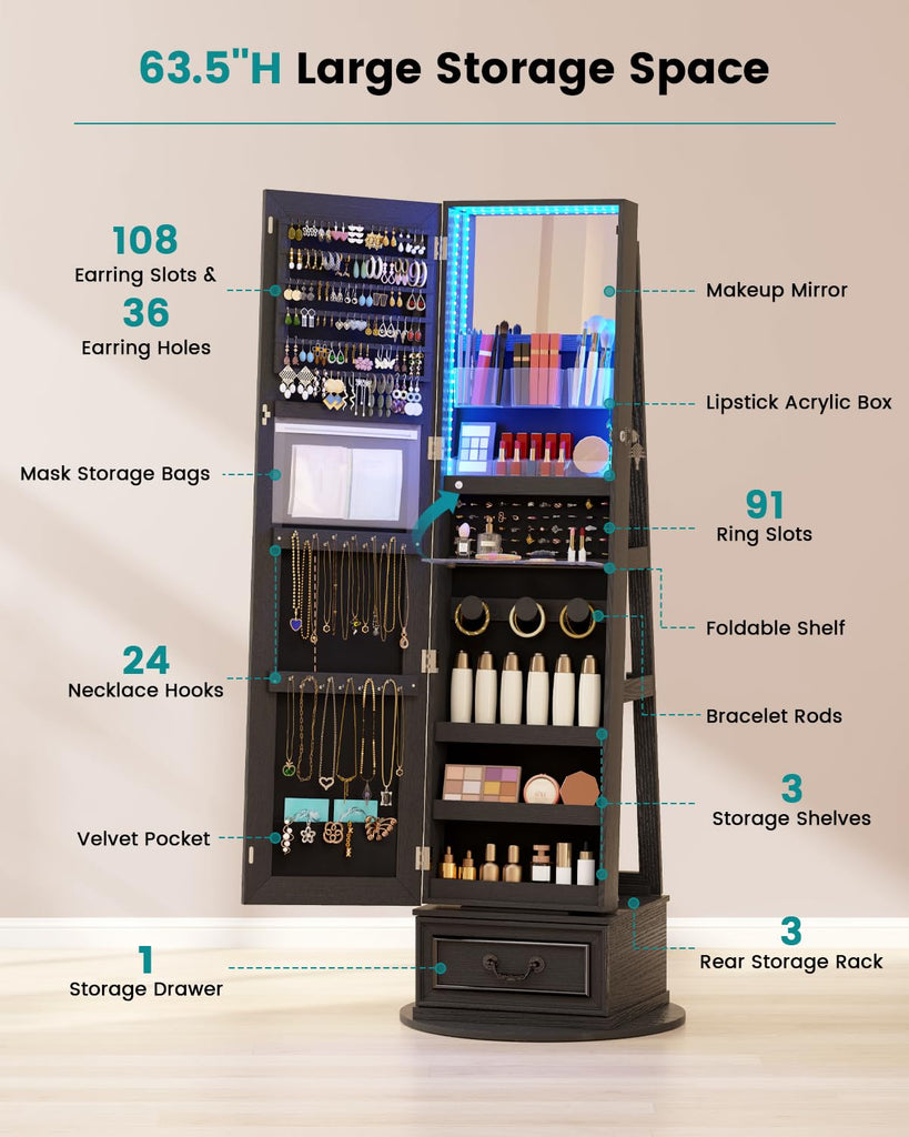 Mirror Jewelry Cabinet with Lights, Full Length Mirror and Storage
