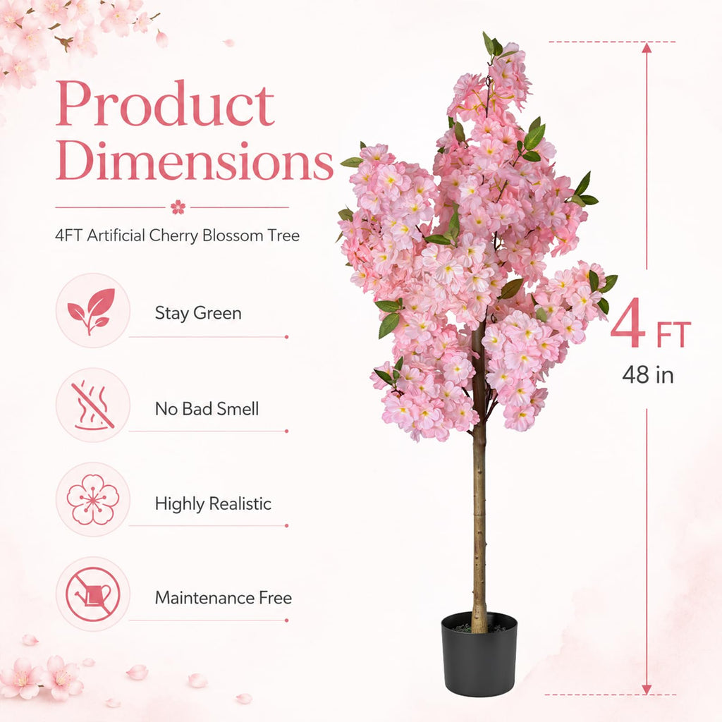Cherry Blossom Tree 4FT Artificial Plants Indoor - Reinforced Spiral Connection Base & Anti-Shedding Silk Sakura
