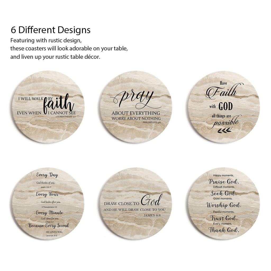 Coasters for Drinks with Bible Verses, Set of 6 Absorbent Drinks Coasters with Holder, Christian Gifts