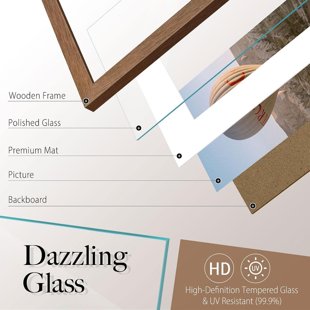 11x14 Picture Frame 5 Pack - Walnut, Tempered Glass, for Photo | 8x10 Acid-Free Mat, High-End Natural Wood Frame
