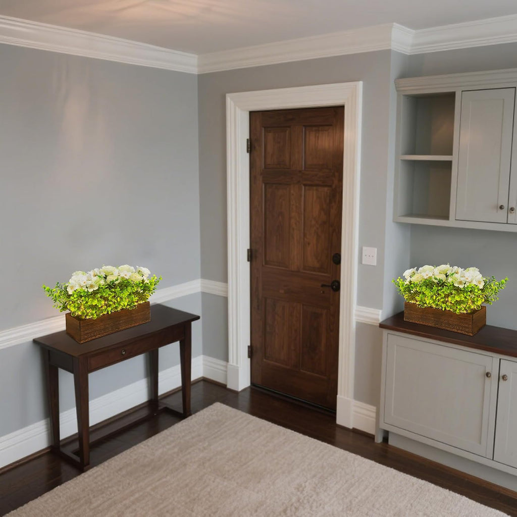 14" Artificial Peony Hydrangea Flowers Arrangement in Rectangular Wooden Planter Box, Rechargeable LED Faux Plants