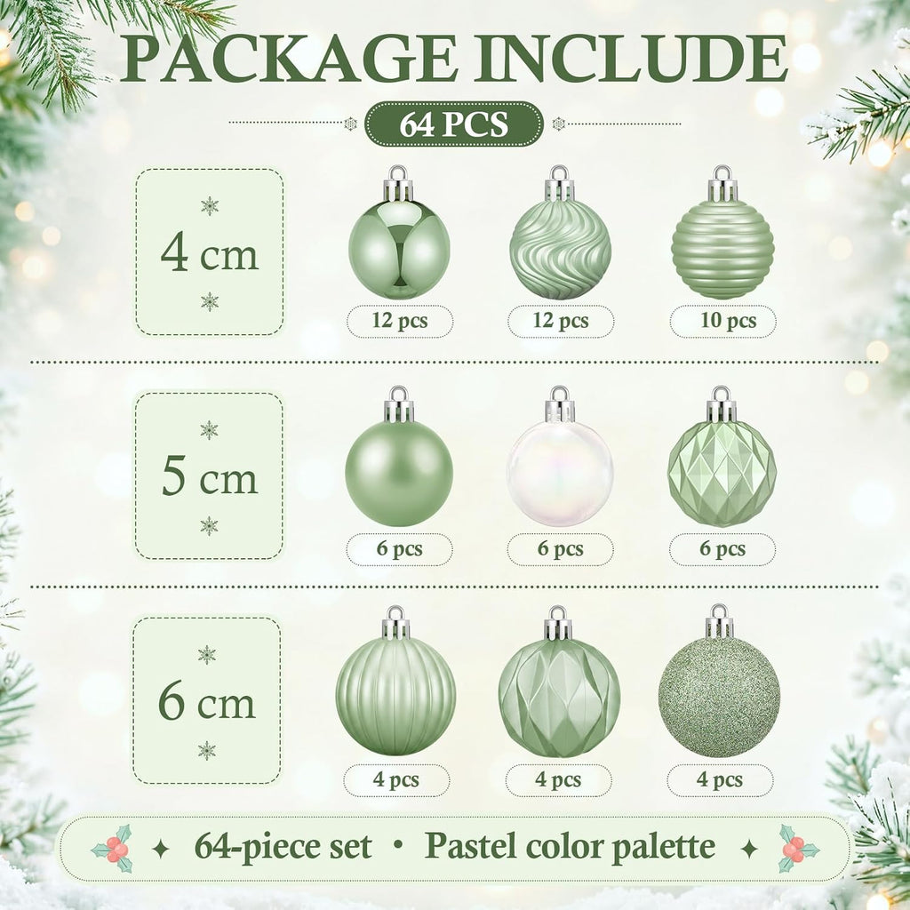 Sage Green Christmas Ornaments Iridescent White Xmas Bulbs - Set of 64