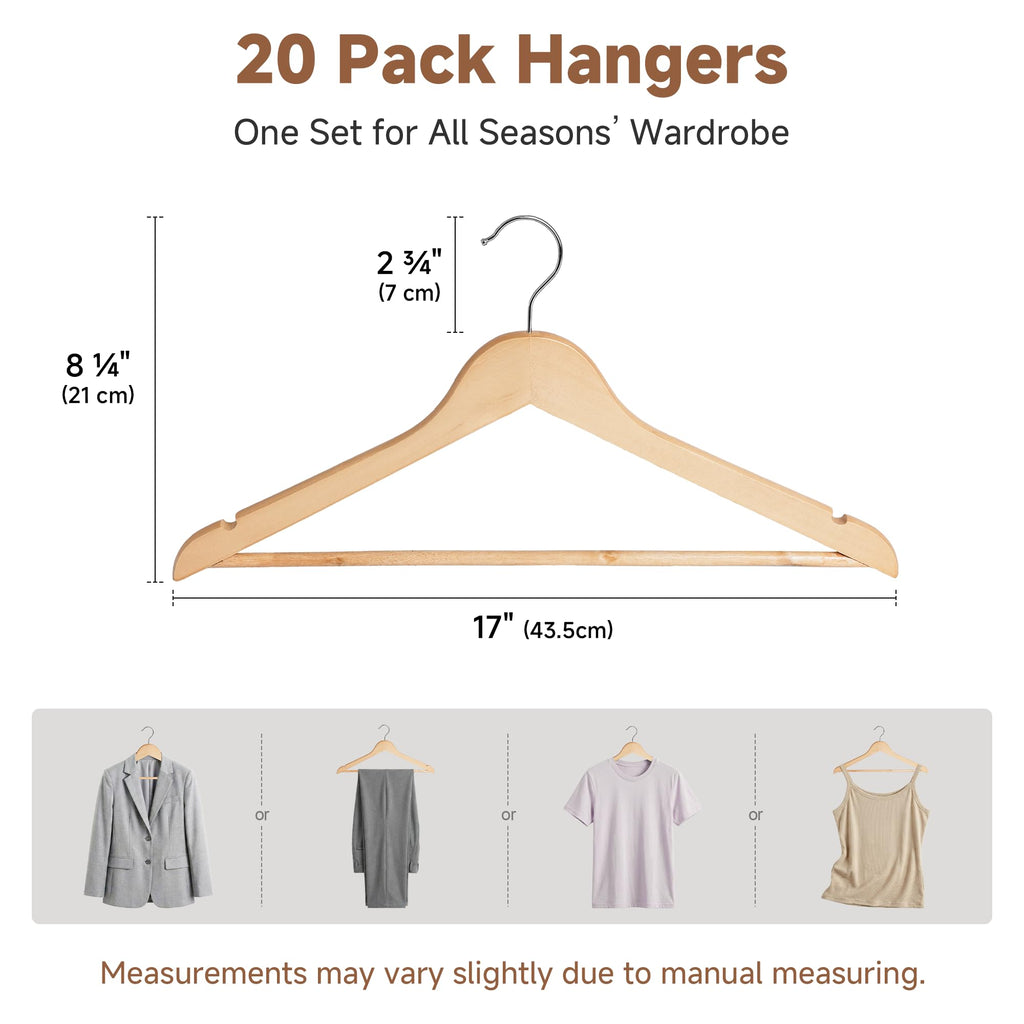 Wooden Coat Hangers, 20 Pack Wood Clothes Hanger for Closet