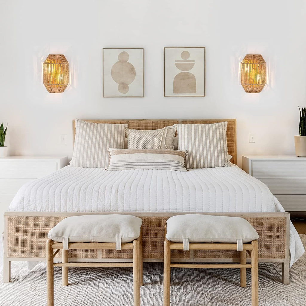 Natural Rattan Wall Sconce Set of 2, with Boho Woven Wicker Shade Antique Brass Brush Paint Finish for Vanity