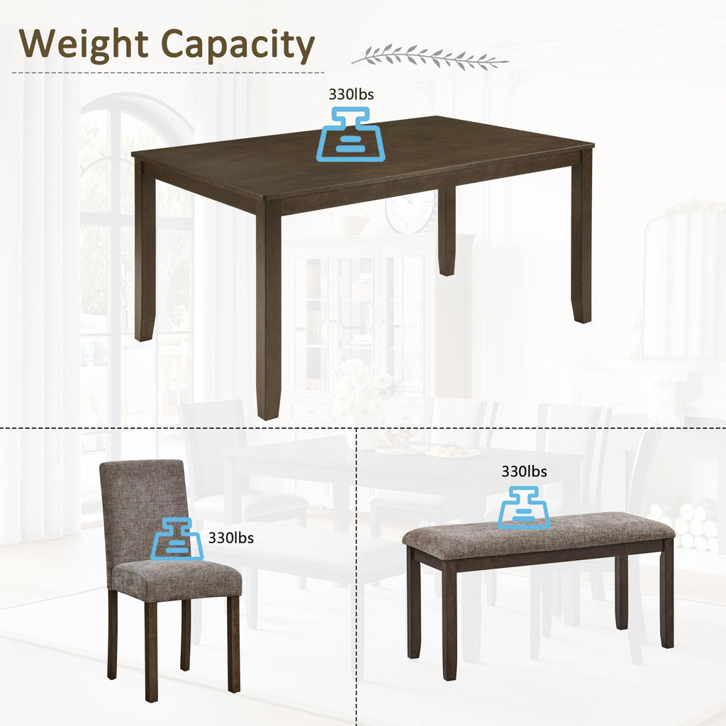 6-Person Farmhouse Dining Table Set, 58.5 Inch Wooden Kitchen Table with Bench and Chairs, Rubberwood & MDF