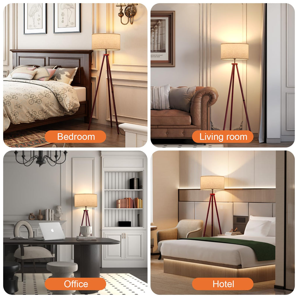 Wood Tripod Floor Lamps, and Office, Corner lamp with Beige Linen Shade, 12W Three-Color Bulb Included, Pull Chain