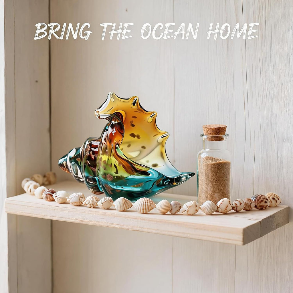 Sea Glass Art Hand Blown Conch Shell Sculpture, Murano Style Coastal Decor, Seashell Decor for Beach House, Above - Set of 50