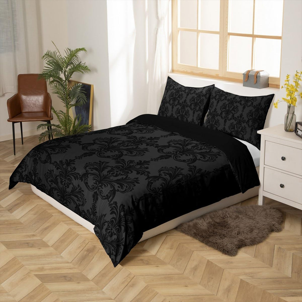 Grey Black Damask Duvet Cover Set, Gothic Vintage Damask Floral Bedding Set 3pcs, Antique Victorian
