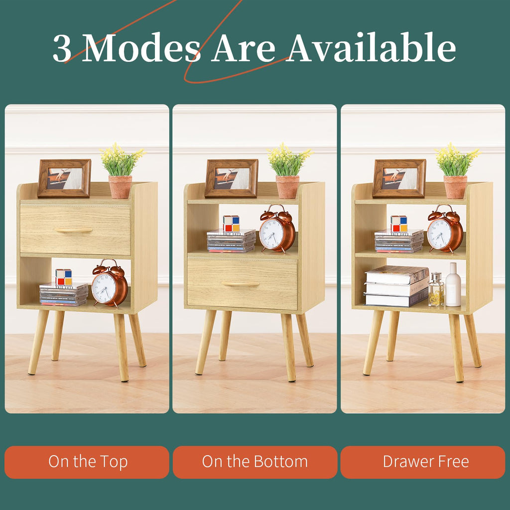 Modern Nightstand with Fabric Drawer, Bedside Tables, Mid Century Nightstand with Open Storage Shelf, Wood Bedside