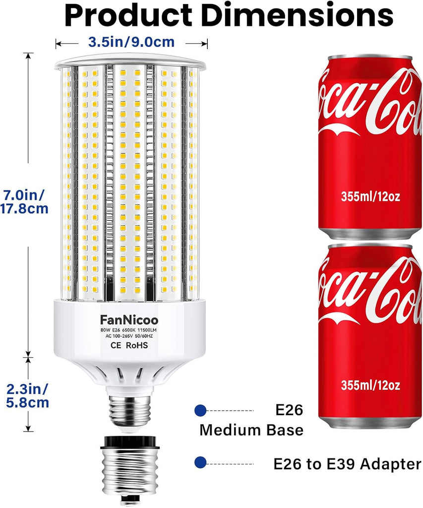 2 Pack 1000W Equivalent Led Corn Bulb Super Bright 11500 Lumen 6500K Daylight White 80W Corn Light Bulb E26/E39 Base