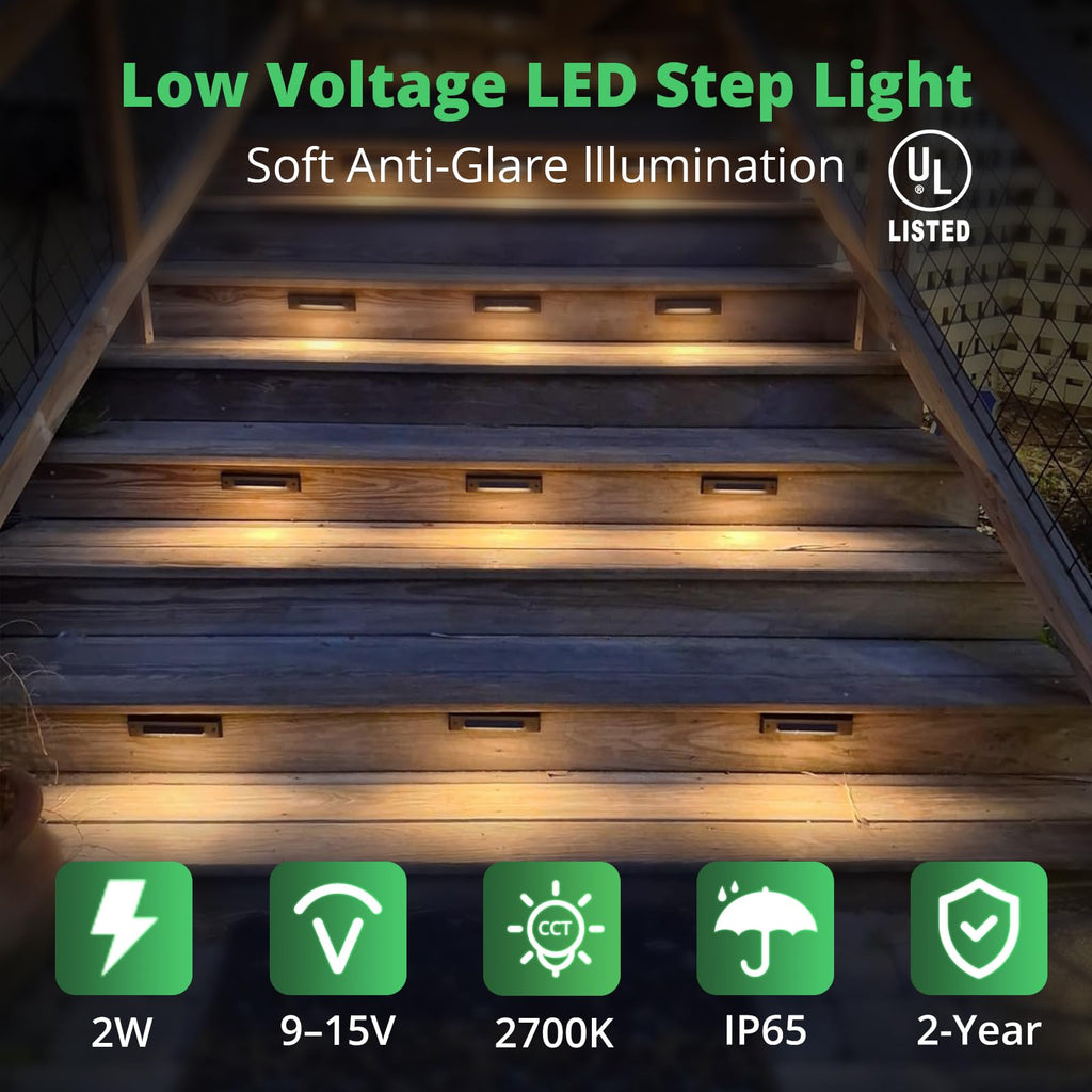 Low Voltage 9-15V AC/DC LED Linear Step Lights, 2W Landscape Cutoff Stair Riser Light, Outdoor Waterproof