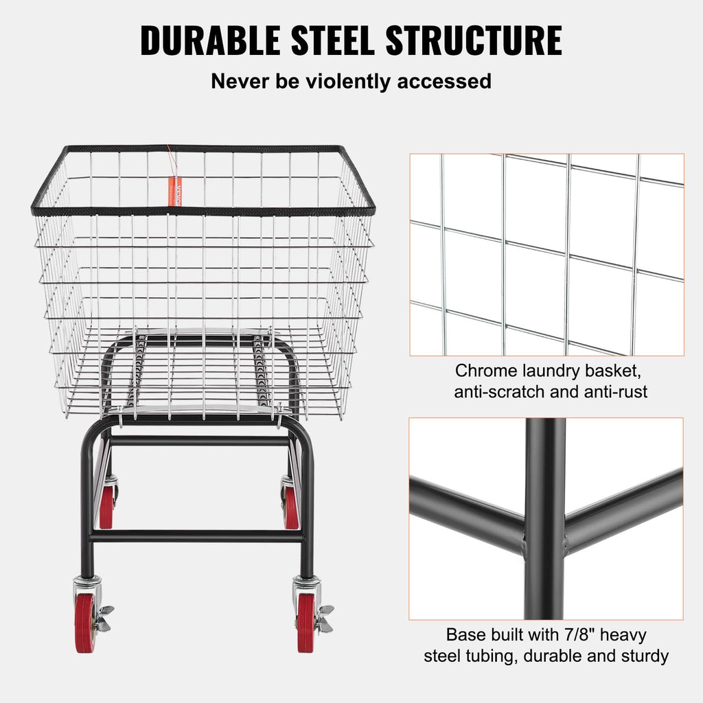 Wire Laundry Cart, 3.8Bushel Wire Laundry Basket with Wheels, 32.5''x21.3''x29.9'', Commercial Laundry Basket, Steel