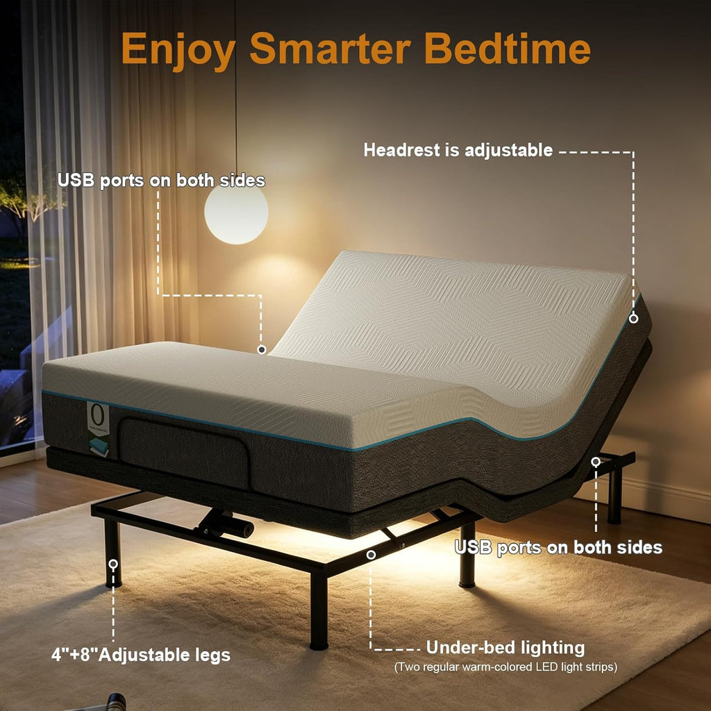Queen Adjustable Bed Frame with Mattress, Electric Bed Base with Head and Foot Lift, Head-Pillow-Tilt, Under-Bed LED