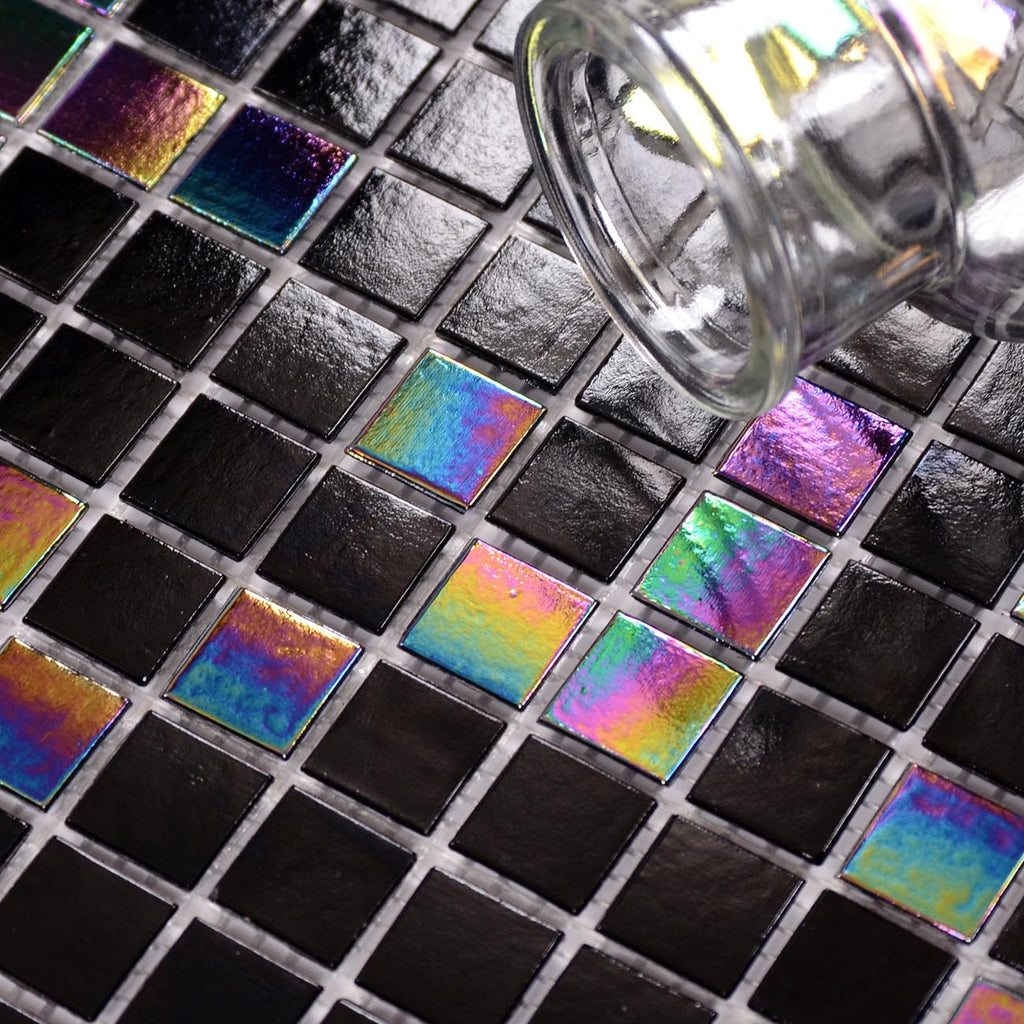11.5 sq.ft Iridescent Black Glass Mosaic Tile for Bath, Pool, Backsplash