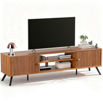 TV Stand, Mid Century Modern Entertainment Center for 65/70/75 Inch TVs, Retro Brown TV Console with Fluted Door