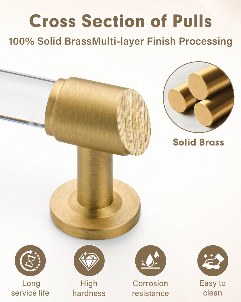 5'' Brass and Acrylic Cabinet Pulls,5 Pack Gold Drawer Handles