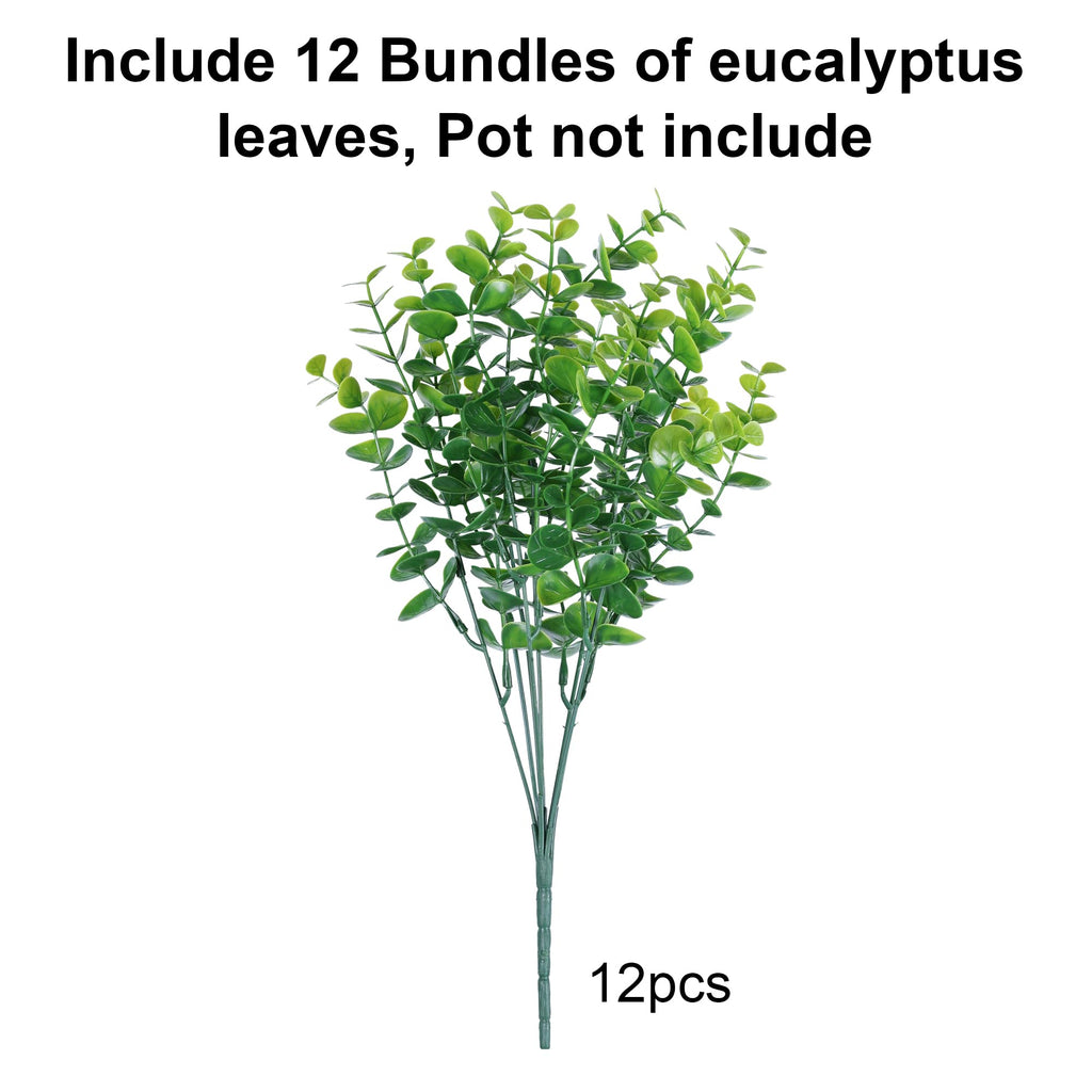 Artificial Plants for Outdoors Outside Spring Summer Decoration, 12 Bundles Faux Eucalyptus Leaves Stems Bulk Fake